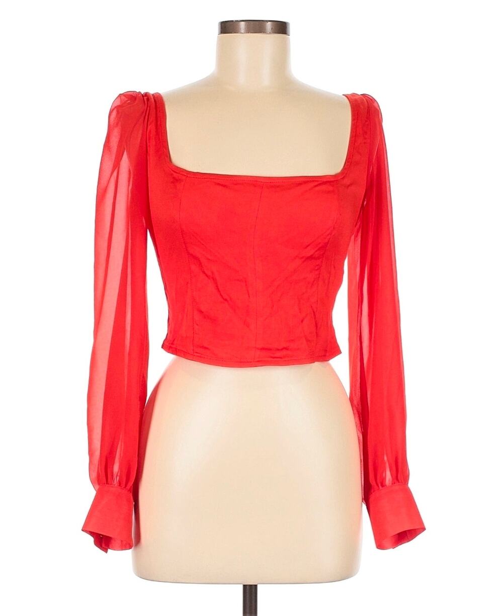 Urban Outfitters UO Lena Red Sheer Sleeve Square Neck Cropped Blouse M